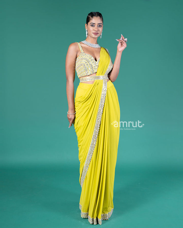 Lime Yellow Ready-to-Wear Saree with Embroidered Crop Blouse 01