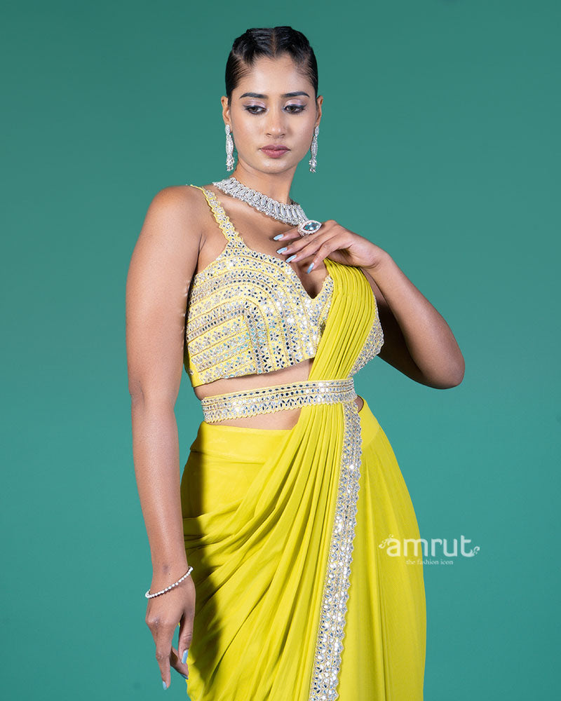 Lime Yellow Ready-to-Wear Saree with Embroidered Crop Blouse 02