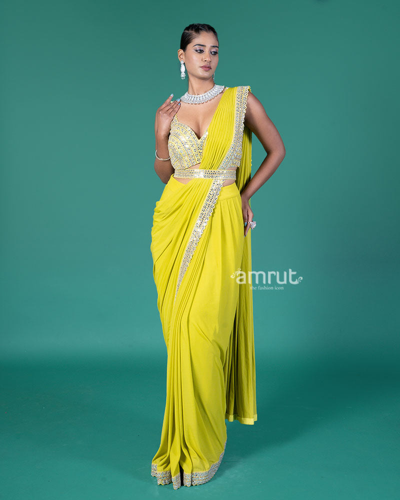 Lime Yellow Ready-to-Wear Saree with Embroidered Crop Blouse 04