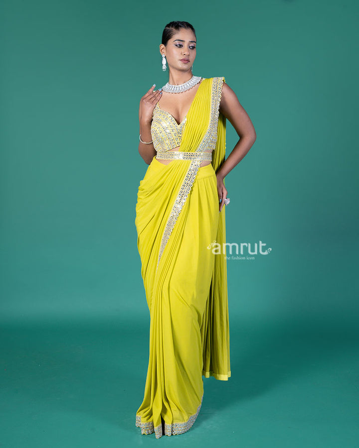 Lime Yellow Ready-to-Wear Saree with Embroidered Crop Blouse 04
