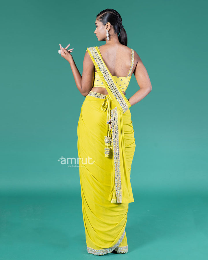 Lime Yellow Ready-to-Wear Saree with Embroidered Crop Blouse 05