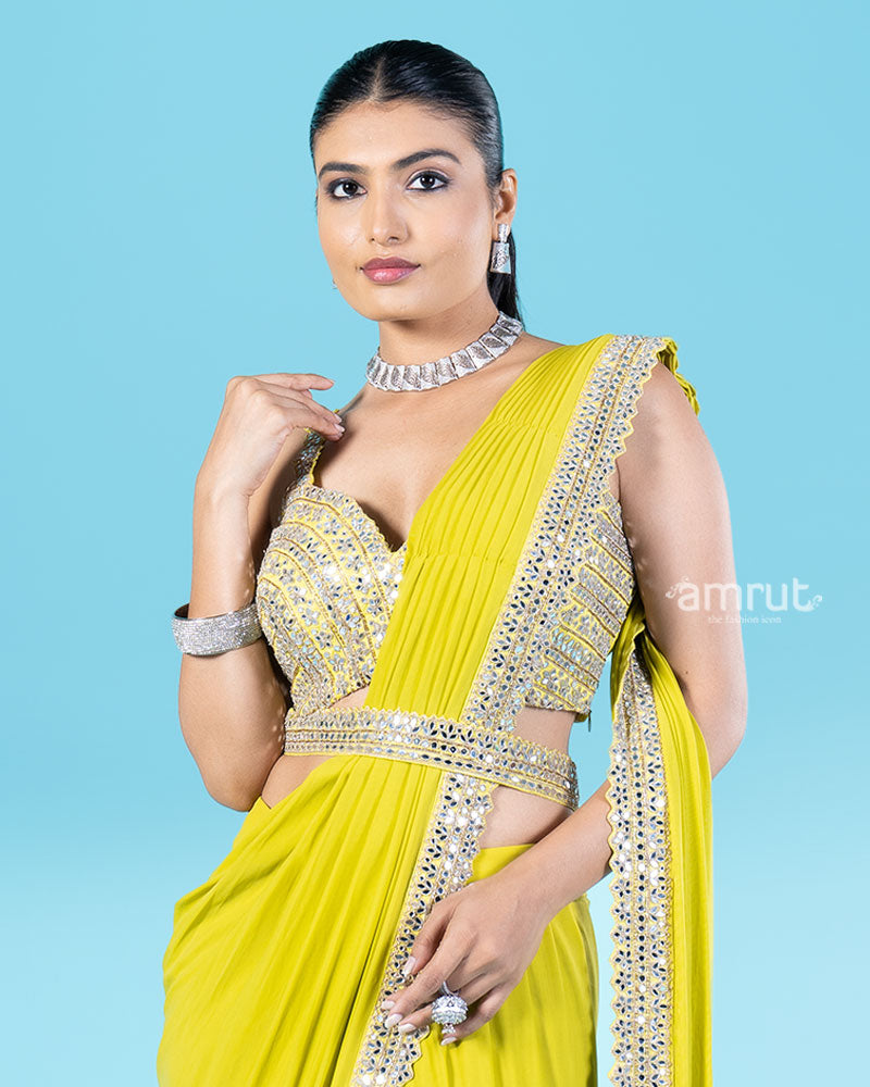 Lime Yellow Ready-to-Wear Saree with Mirror Embellished Blouse and Belt  02