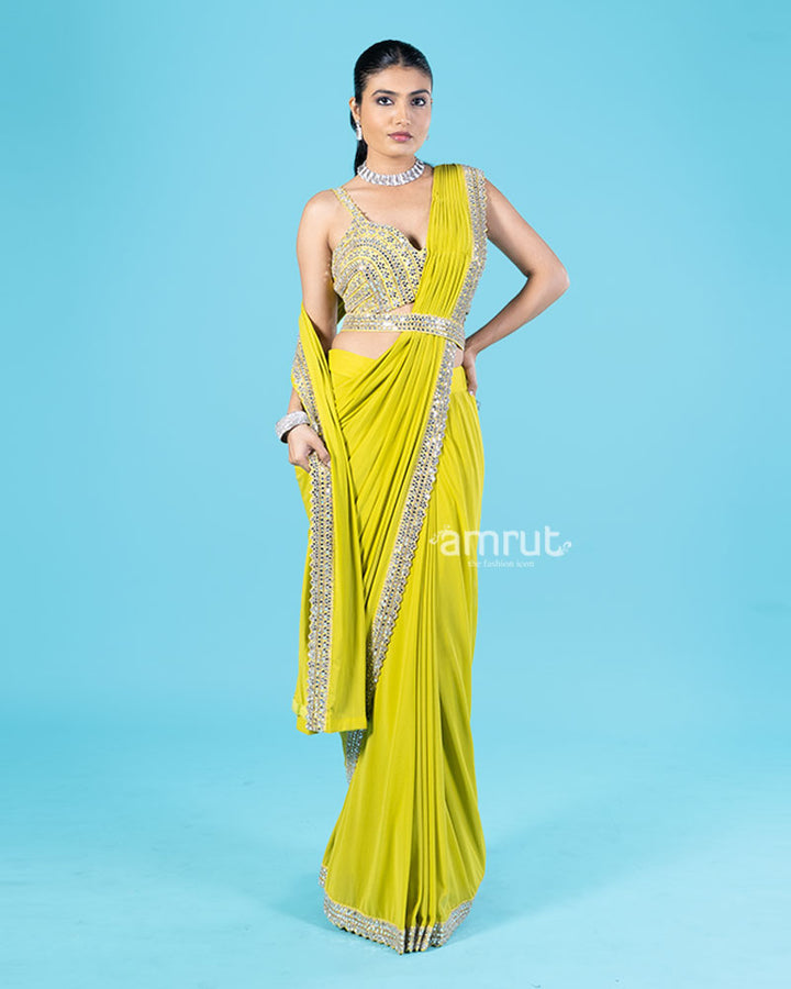 Lime Yellow Ready-to-Wear Saree with Mirror Embellished Blouse and Belt  04