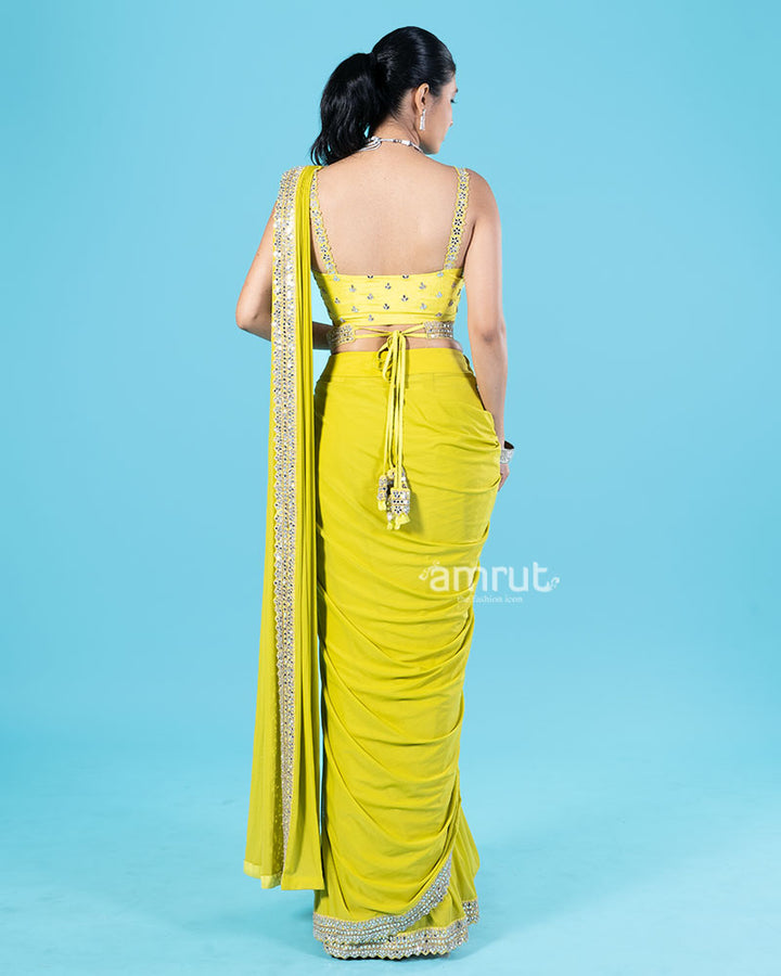 Lime Yellow Ready-to-Wear Saree with Mirror Embellished Blouse and Belt  05