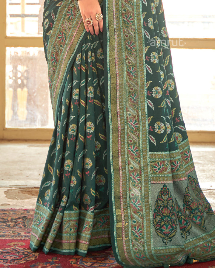 Lunar Green Floral Printed Saree With Unstitched Blouse