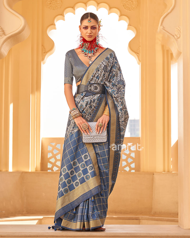 Lynch Blue and Grey Printed Silk Saree with Unstitched Blouse 01