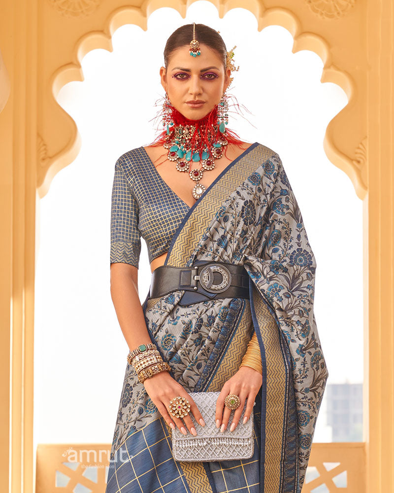 Lynch Blue and Grey Printed Silk Saree with Unstitched Blouse 02