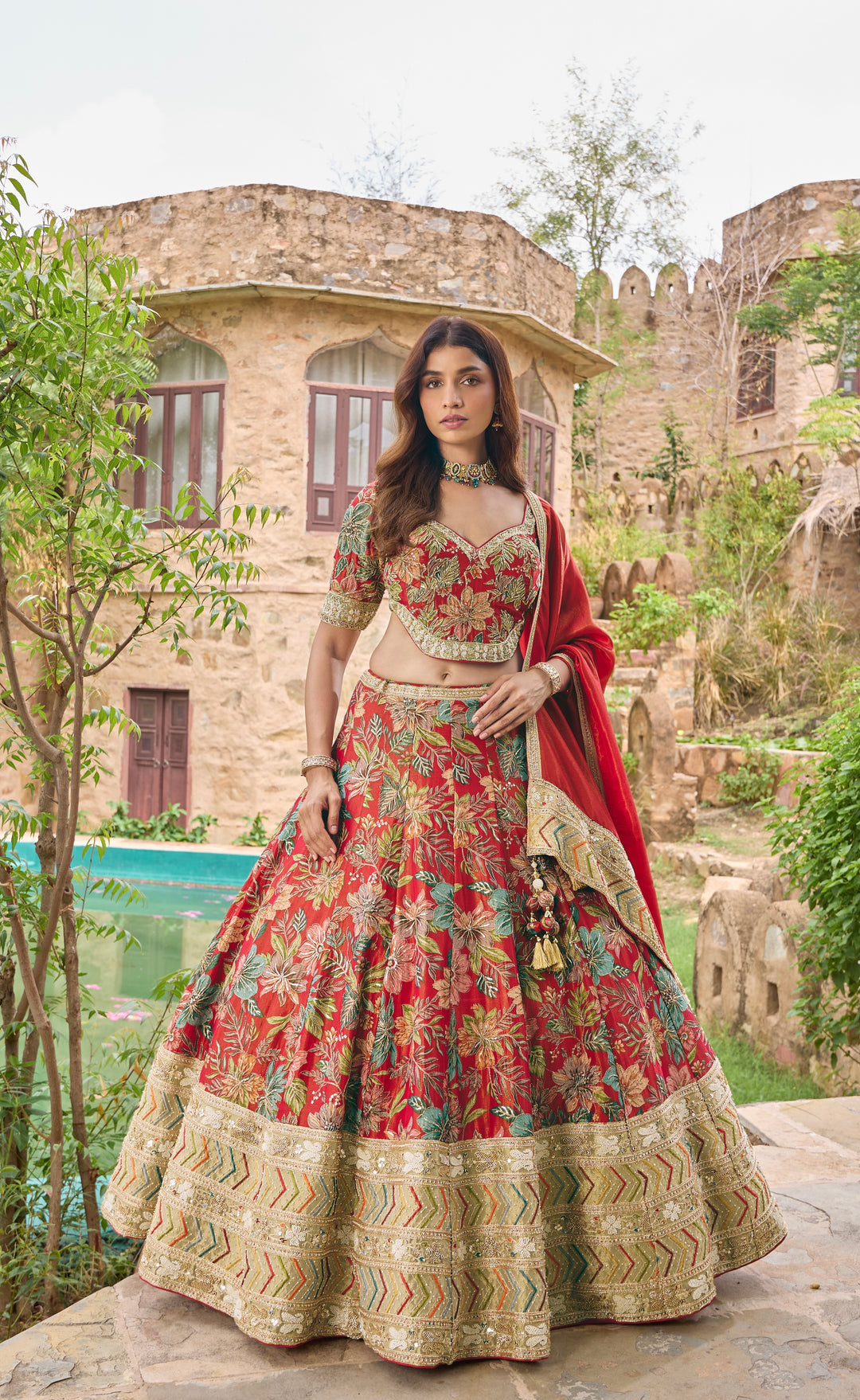 Royal Red Floral Embroidered Lehenga Choli with Dupatta