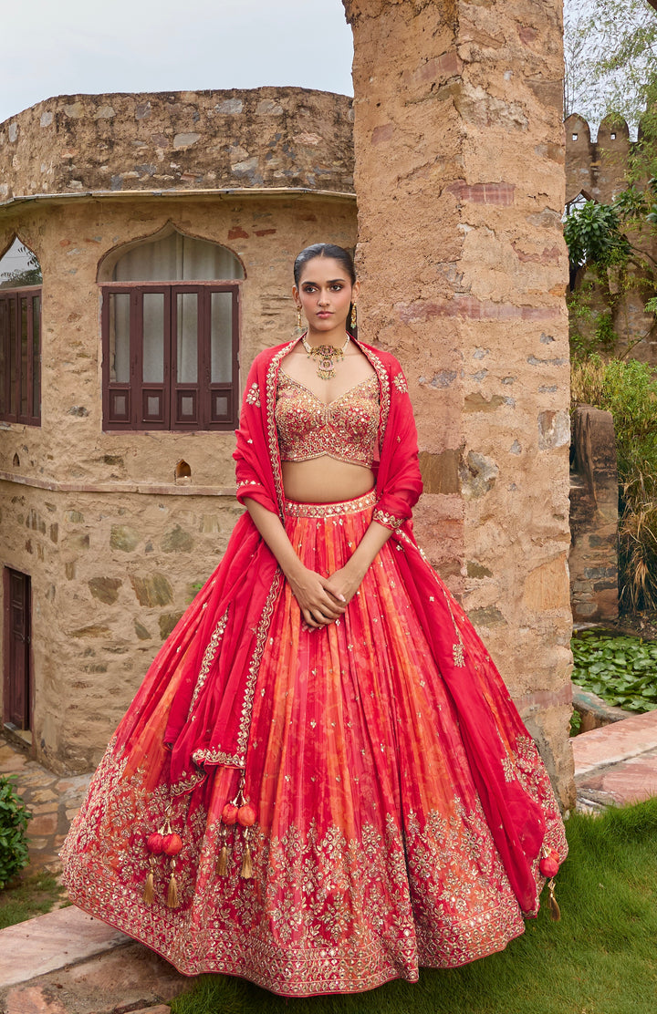 Rani Pink Leheriya Embroidered Bridal Lehenga Choli with Dupatta