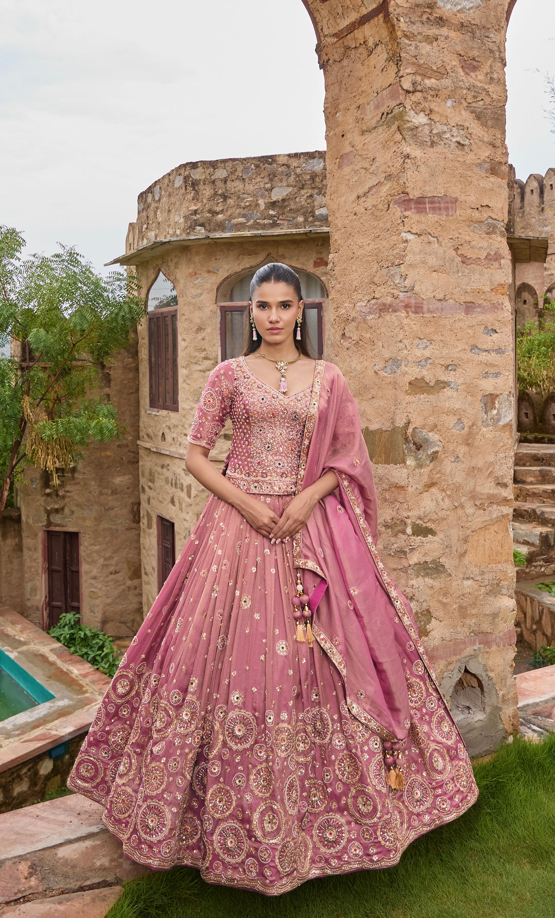 Dusty Rose Pink Embroidered Bridal Lehenga Choli with Dupatta