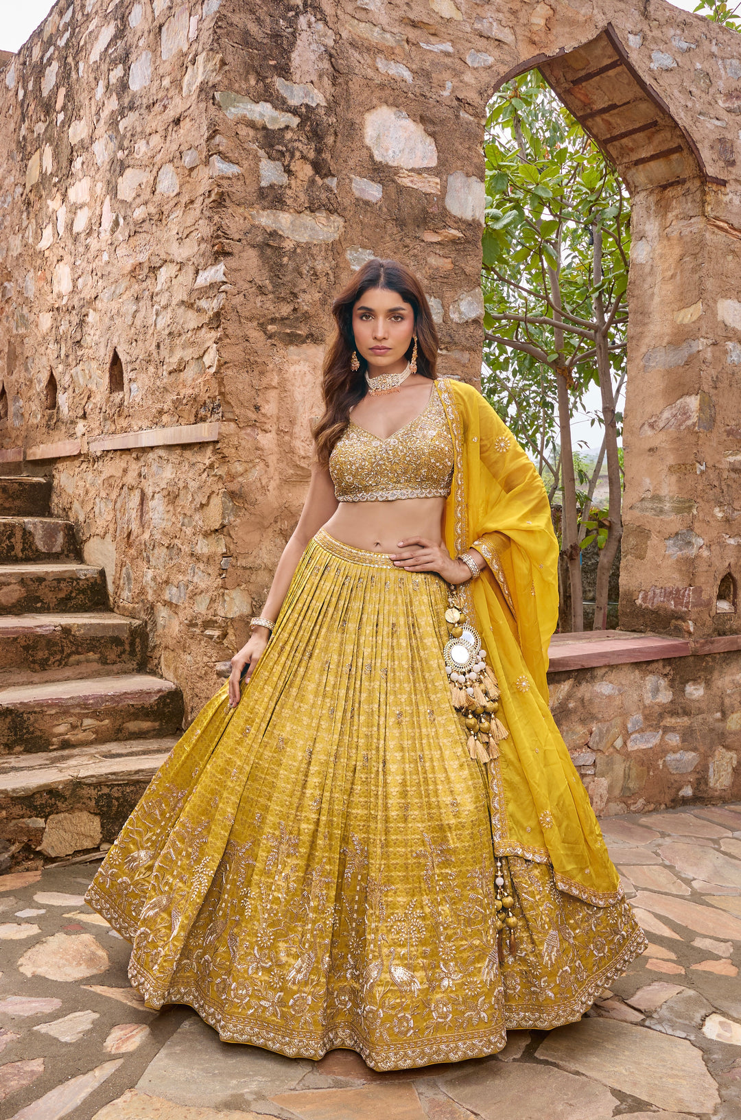 Mustard Yellow Embroidered Bridal Lehenga Choli Set with Dupatta