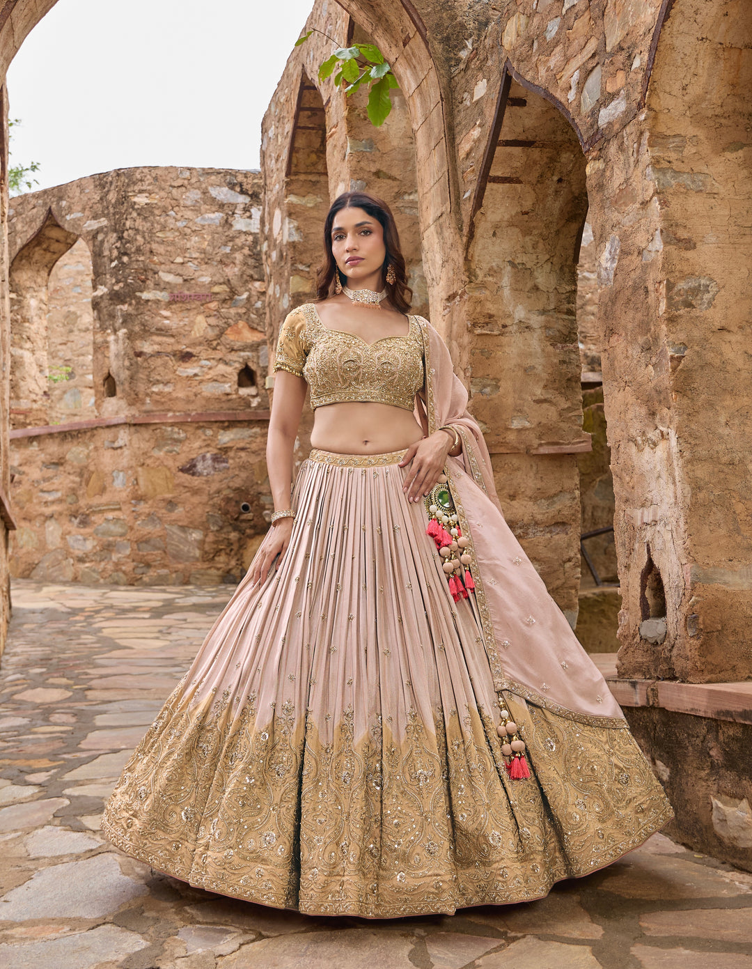 Blush Pink & Gold Embroidered Bridal Lehenga Choli Set with Dupatta