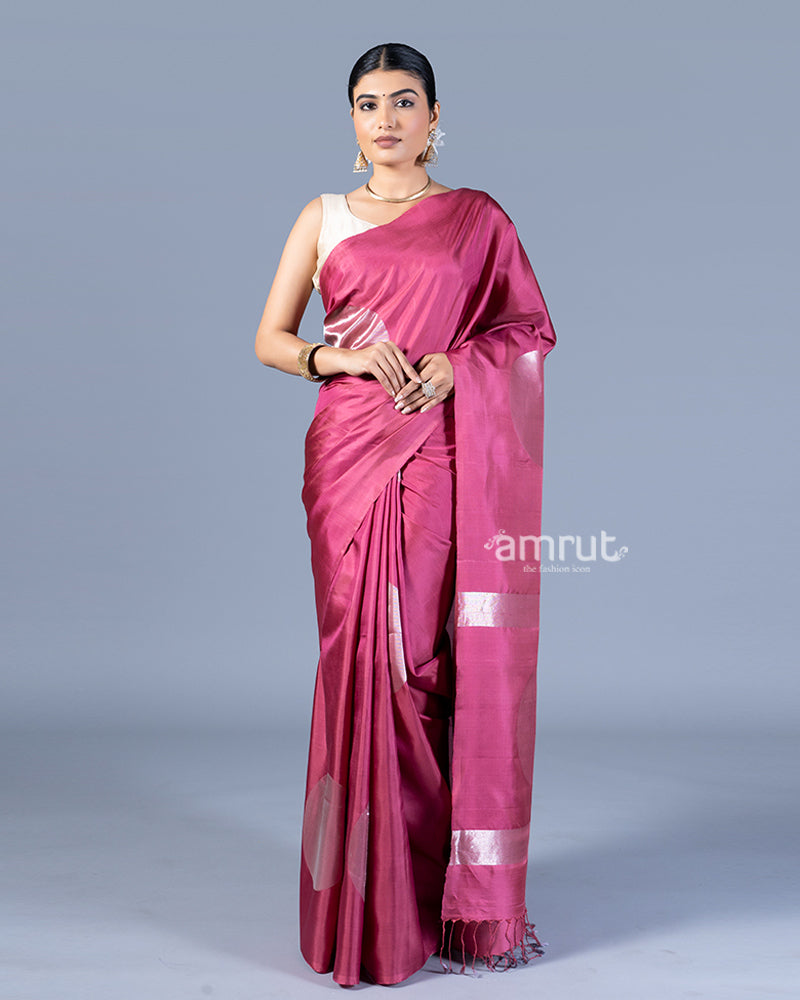 Magenta-Pink with Silver Zari Embellished Silk Saree with Unstitched Blouse 01