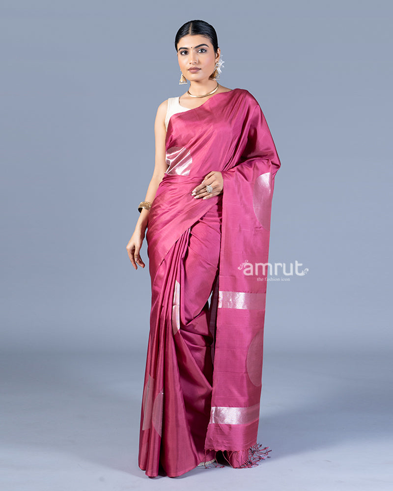 Magenta-Pink with Silver Zari Embellished Silk Saree with Unstitched Blouse 04