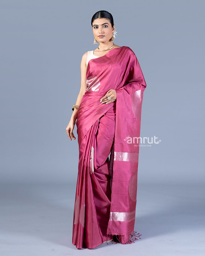 Magenta-Pink with Silver Zari Embellished Silk Saree with Unstitched Blouse 04