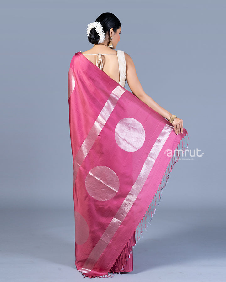 Magenta-Pink with Silver Zari Embellished Silk Saree with Unstitched Blouse 06