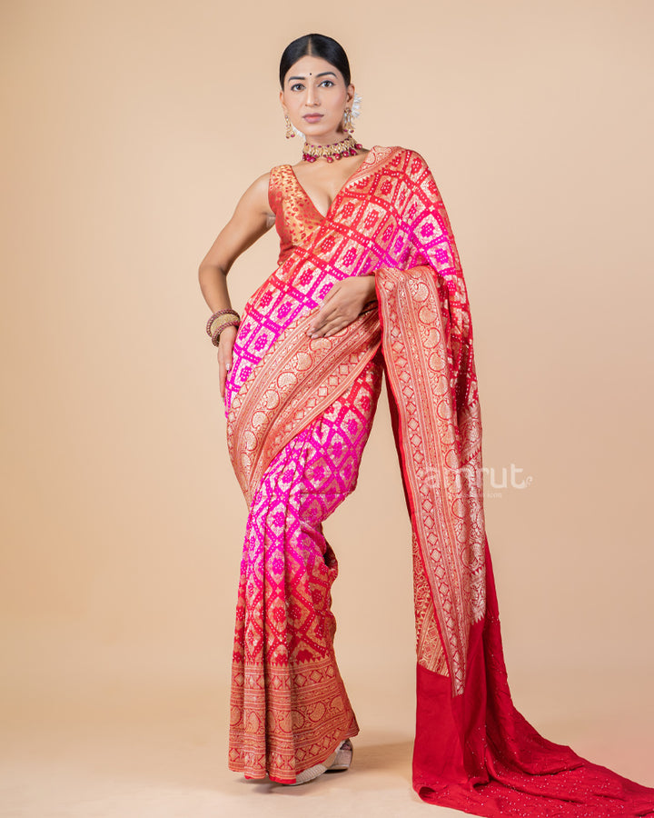 Magenta Heavy Bandhani Printed Saree With Unstitched Blouse