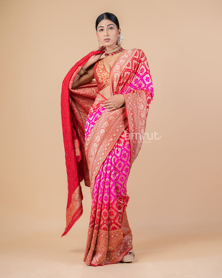 Magenta Heavy Bandhani Printed Saree With Unstitched Blouse