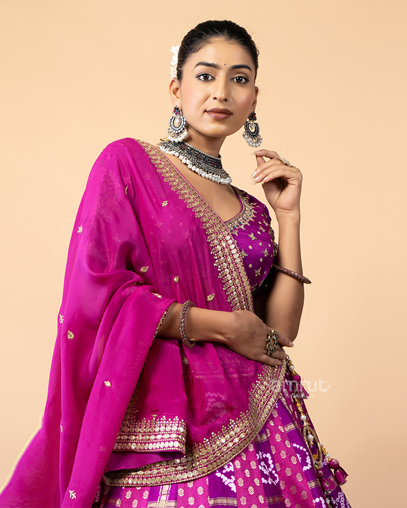 Magenta Lehenga Choli with Patola Design and Chiffon Dupatta