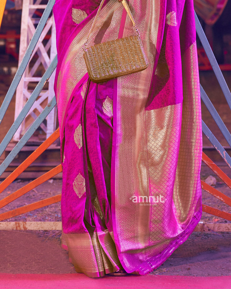 Magenta Pink Floral Printed Banarasi Silk Saree With Zari Woven Pallu