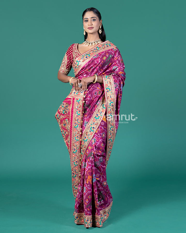 Magenta Embroidered Borders Patola Silk Saree with Stitched Maroon Blouse 01