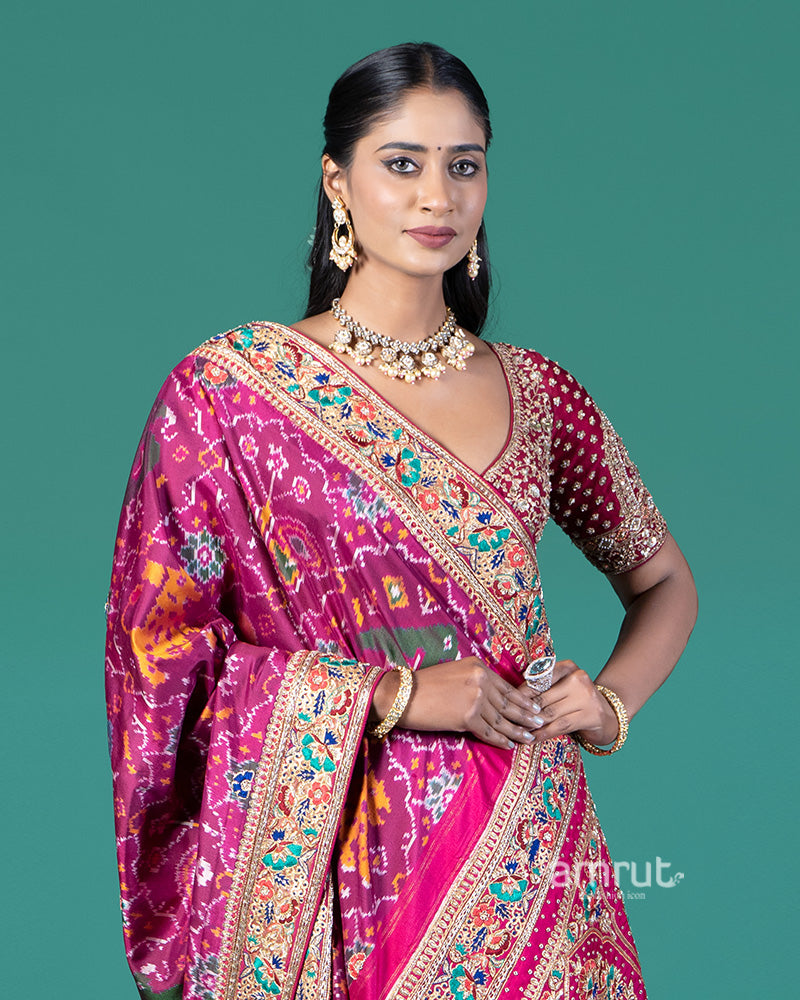 Magenta Embroidered Borders Patola Silk Saree with Stitched Maroon Blouse 02