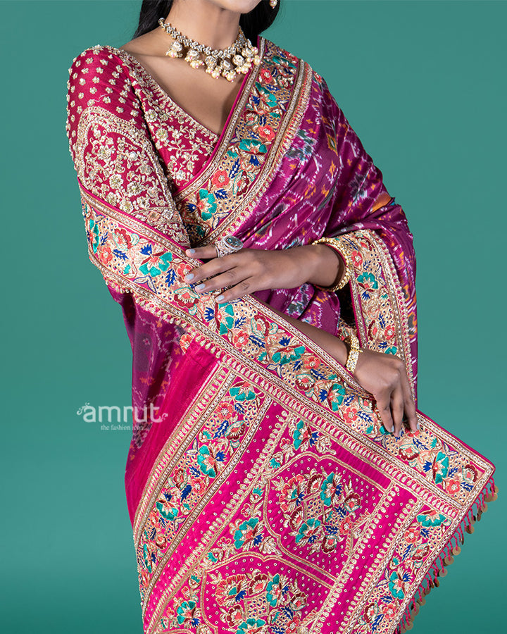 Magenta Embroidered Borders Patola Silk Saree with Stitched Maroon Blouse 03