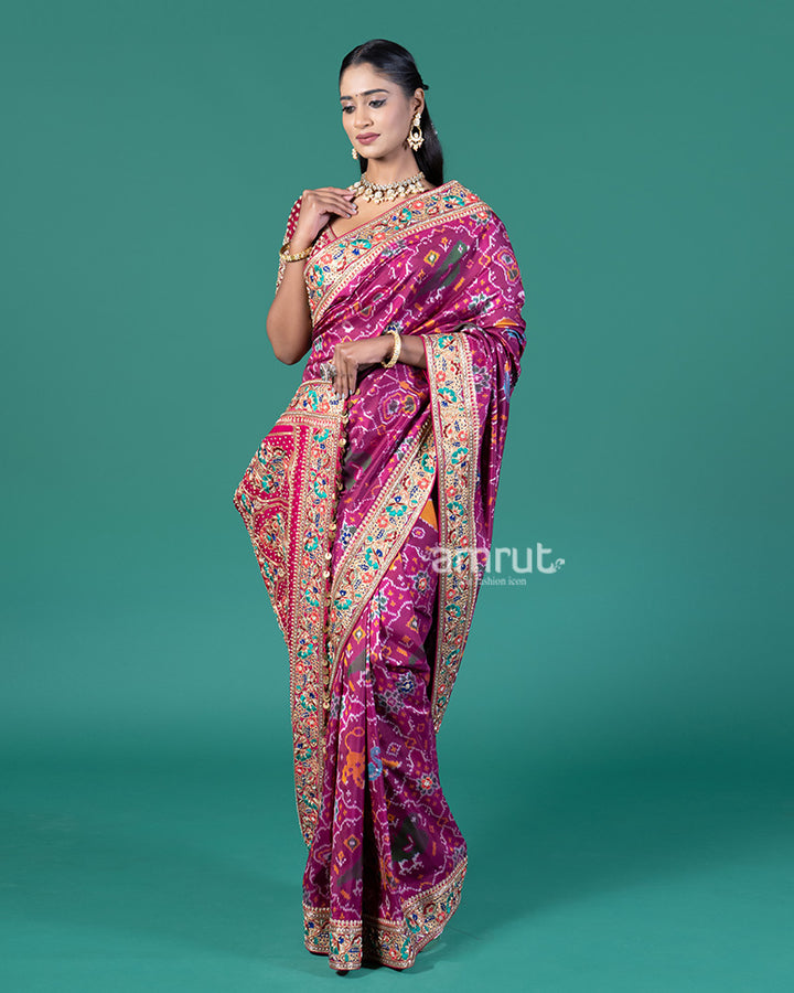 Magenta Embroidered Borders Patola Silk Saree with Stitched Maroon Blouse 04