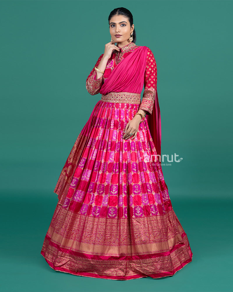 Magenta Pink Printed Gown with Draped Dupatta 01