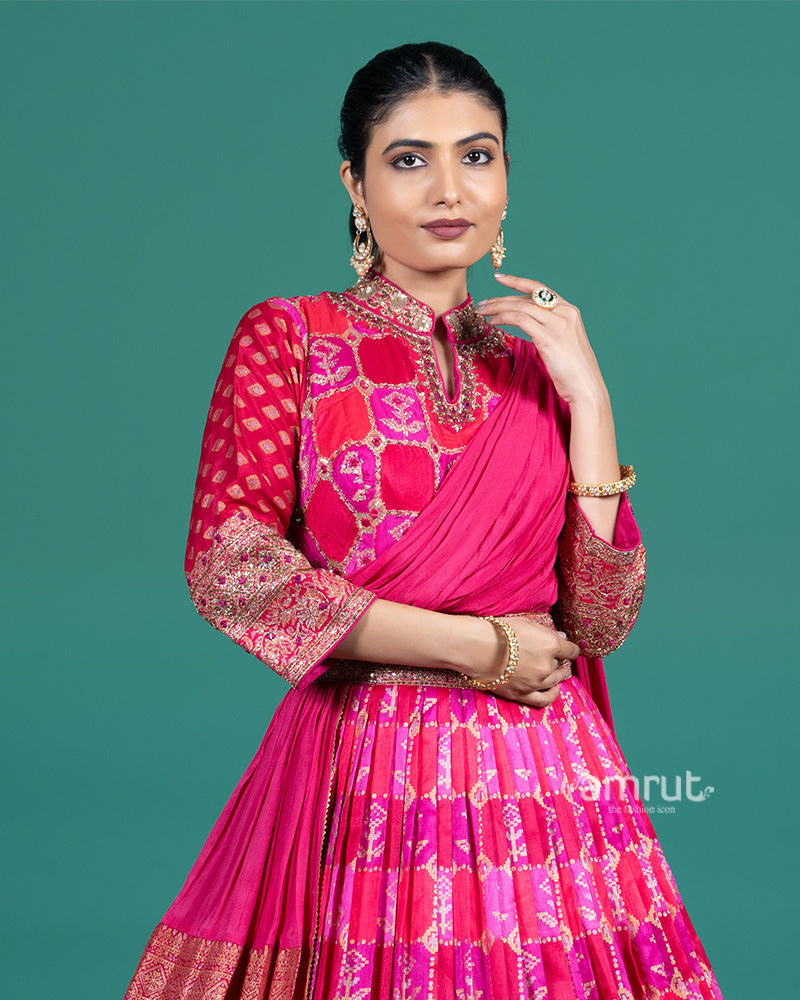 Magenta Pink Printed Gown with Draped Dupatta 02