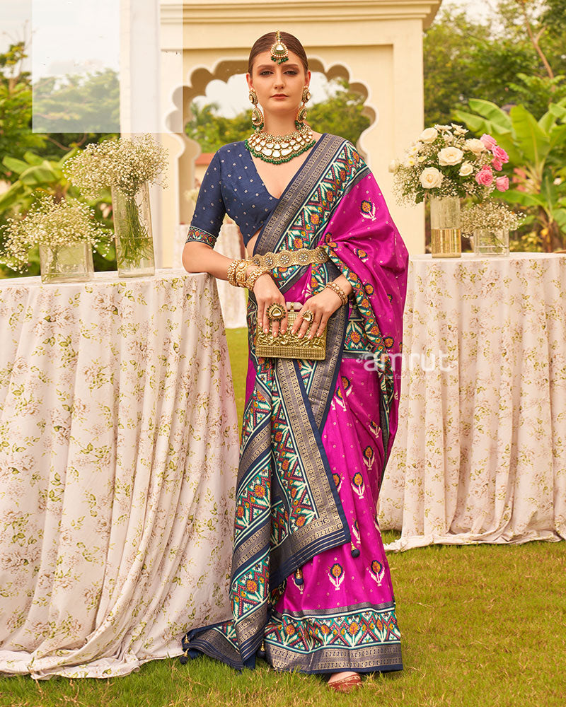 Magenta Pink and Navy Blue Printed Patola Silk Saree with Zari Border and Unstitched Blouse 01