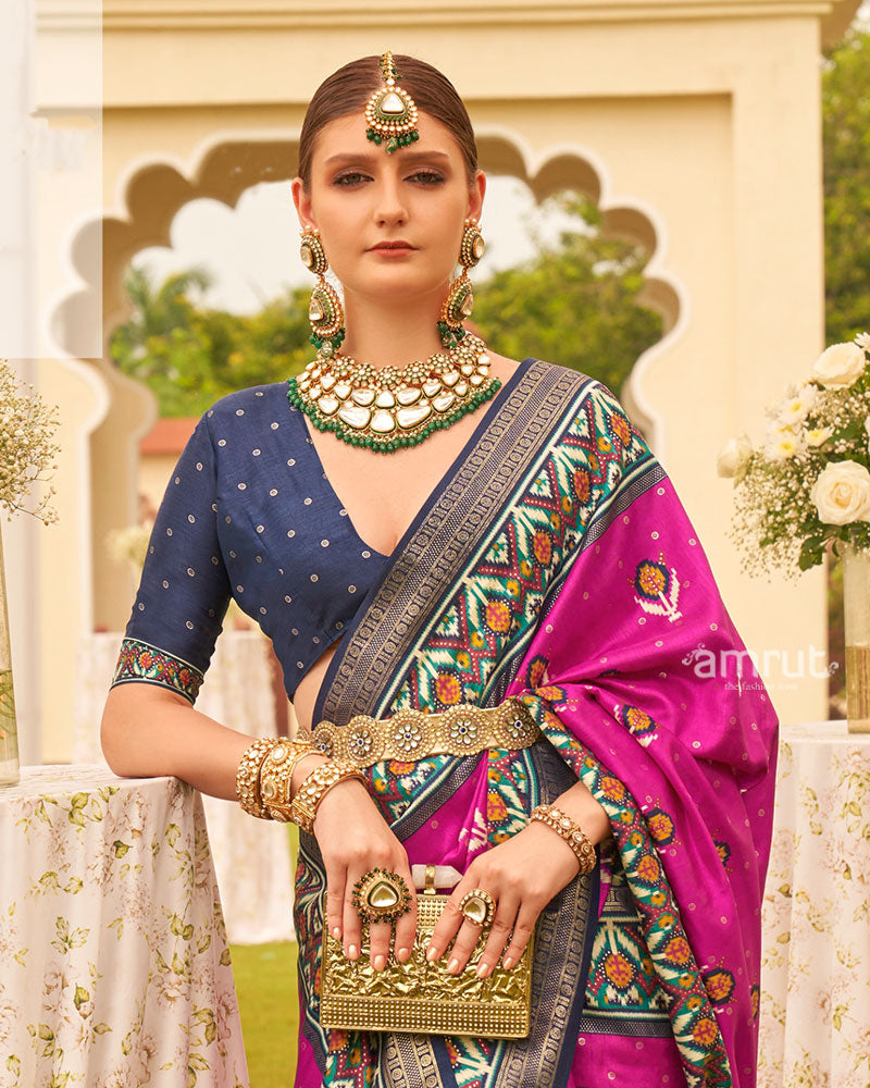 Magenta Pink and Navy Blue Printed Patola Silk Saree with Zari Border and Unstitched Blouse 02