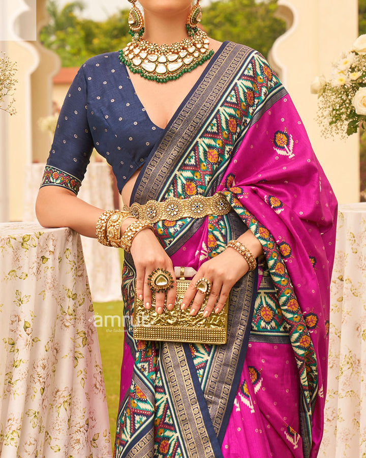 Magenta Pink and Navy Blue Printed Patola Silk Saree with Zari Border and Unstitched Blouse 03