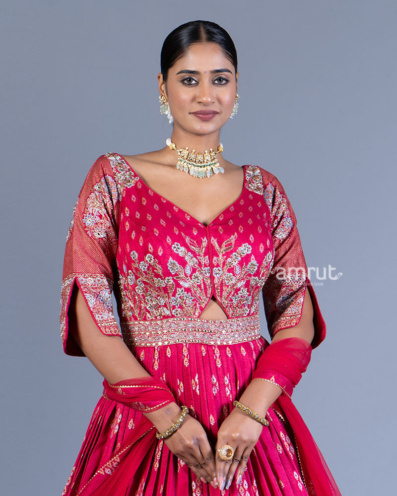 Magenta Red Pleated Gown with Golden Embroidery and Dupatta 002