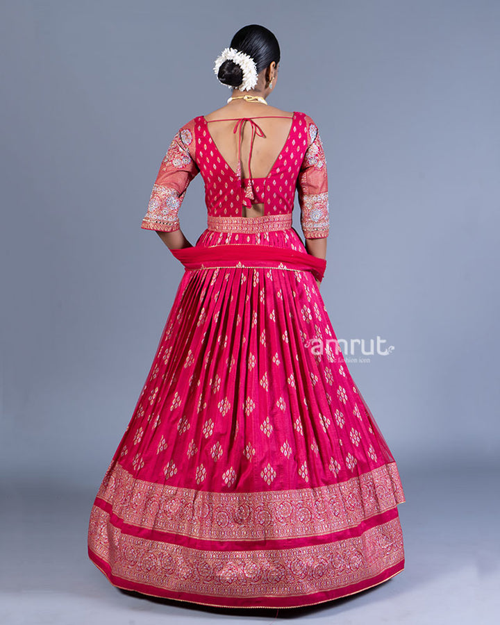Magenta Red Pleated Gown with Golden Embroidery and Dupatta 003