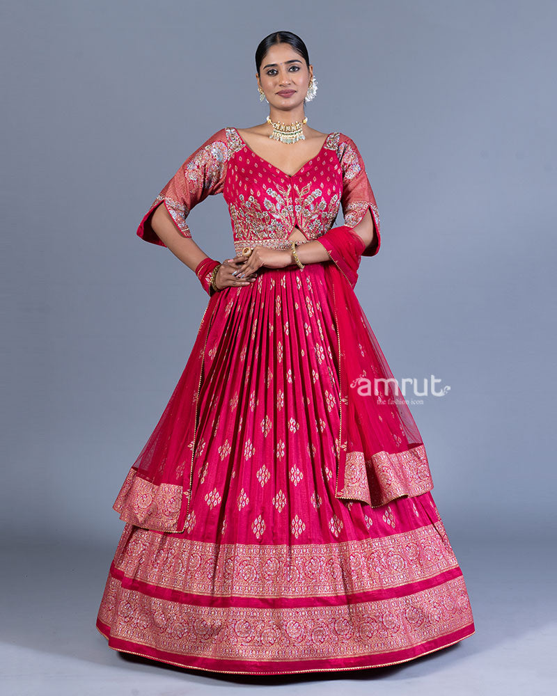 Magenta Red Pleated Gown with Golden Embroidery and Dupatta 01