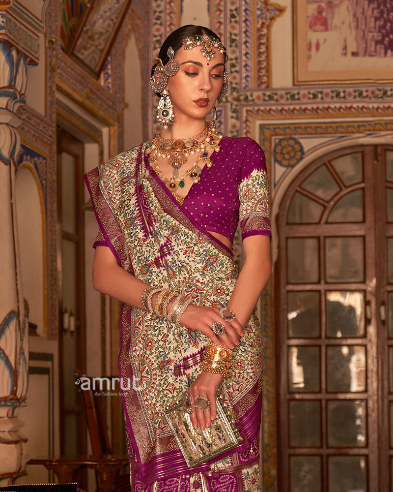 Magenta and Cream Bandhani Saree with Unstitched Blouse and Belt 02