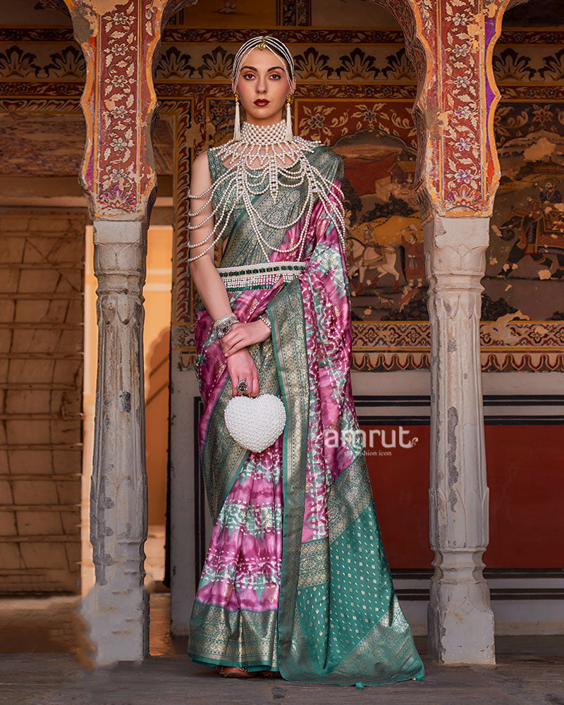Magenta and Teal Green Silk Saree with Zari Border and Unstitched Blouse 01