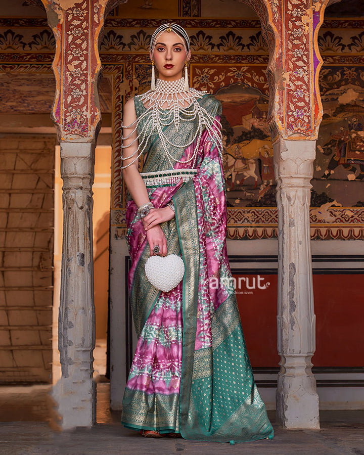 Magenta and Teal Green Silk Saree with Zari Border and Unstitched Blouse 01