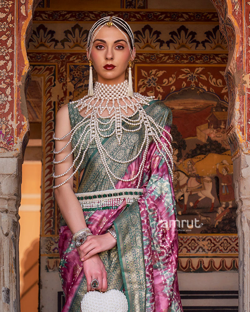 Magenta and Teal Green Silk Saree with Zari Border and Unstitched Blouse 02