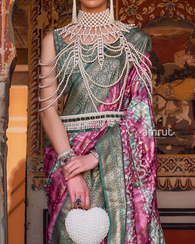 Magenta and Teal Green Silk Saree with Zari Border and Unstitched Blouse 03