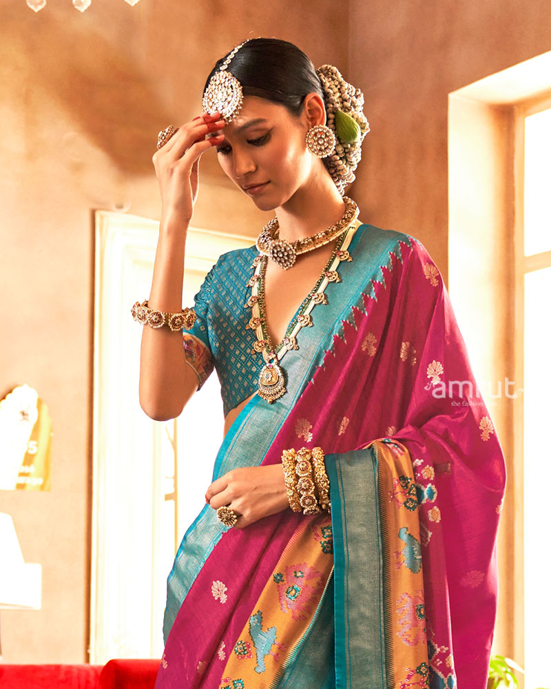 Magenta and Teal Ikat Woven Border Silk Saree with Unstitched Blouse 02