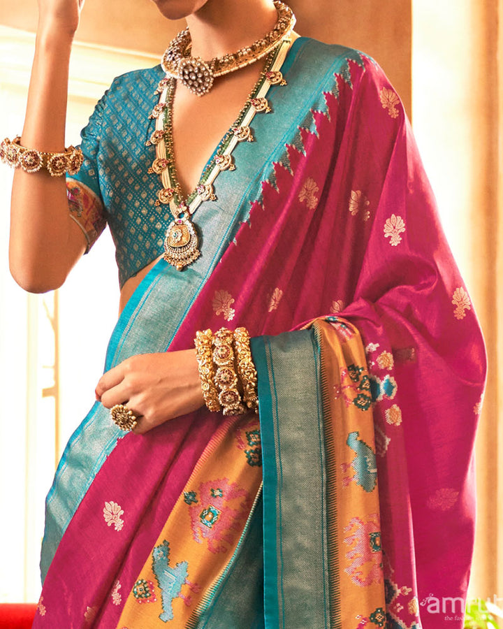 Magenta and Teal Ikat Woven Border Silk Saree with Unstitched Blouse 03