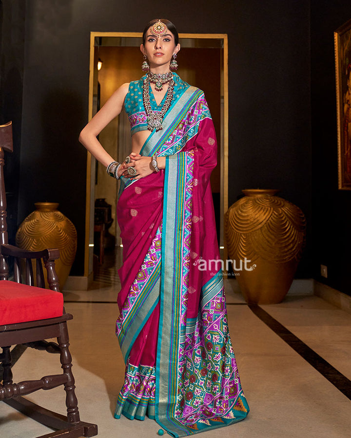 Magenta and Teal Printed Border Traditional Saree with Unstitched Blouse 01