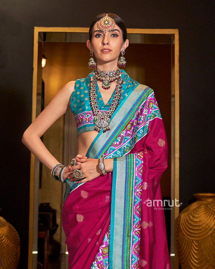 Magenta and Teal Printed Border Traditional Saree with Unstitched Blouse 02