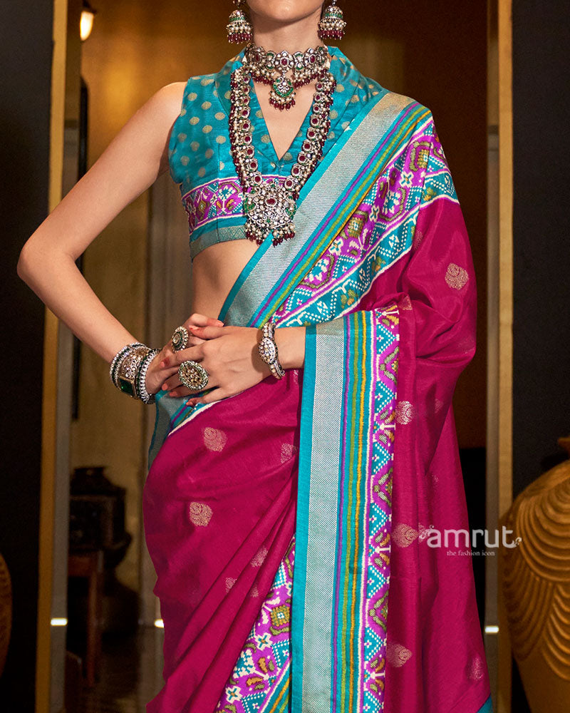 Magenta and Teal Printed Border Traditional Saree with Unstitched Blouse 03