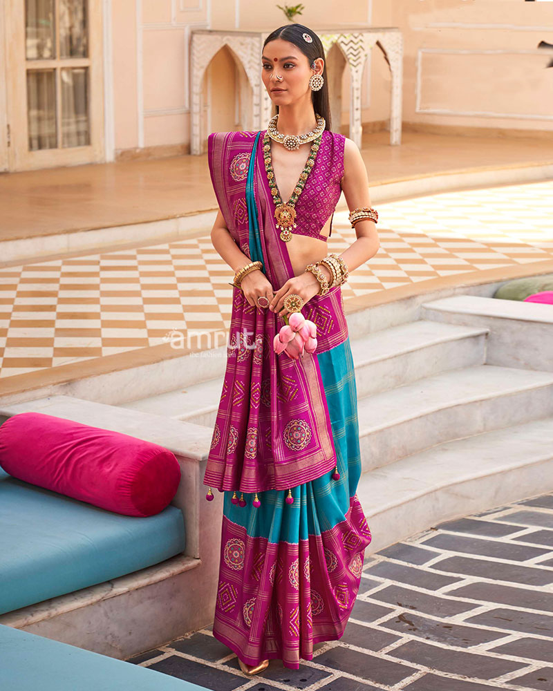 Magenta and Turquoise Printed Patola Silk Saree with Unstitched Blouse 01