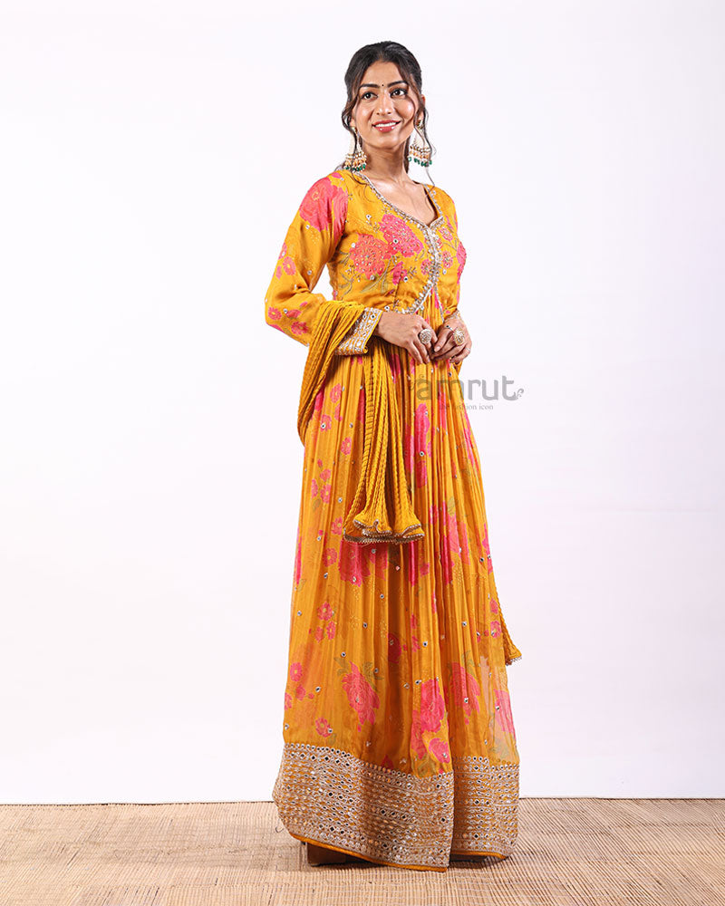 Mango Yellow Anarkali Set with Floral Print