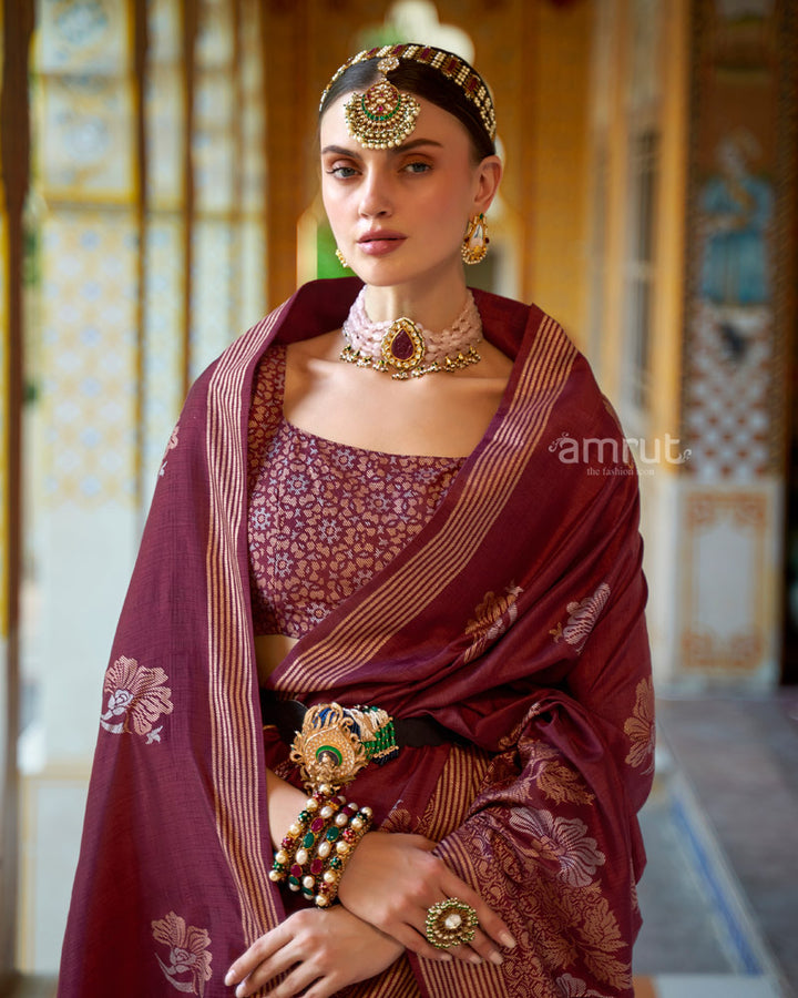 Maroon Floral Printed Saree With Unstitched Blouse