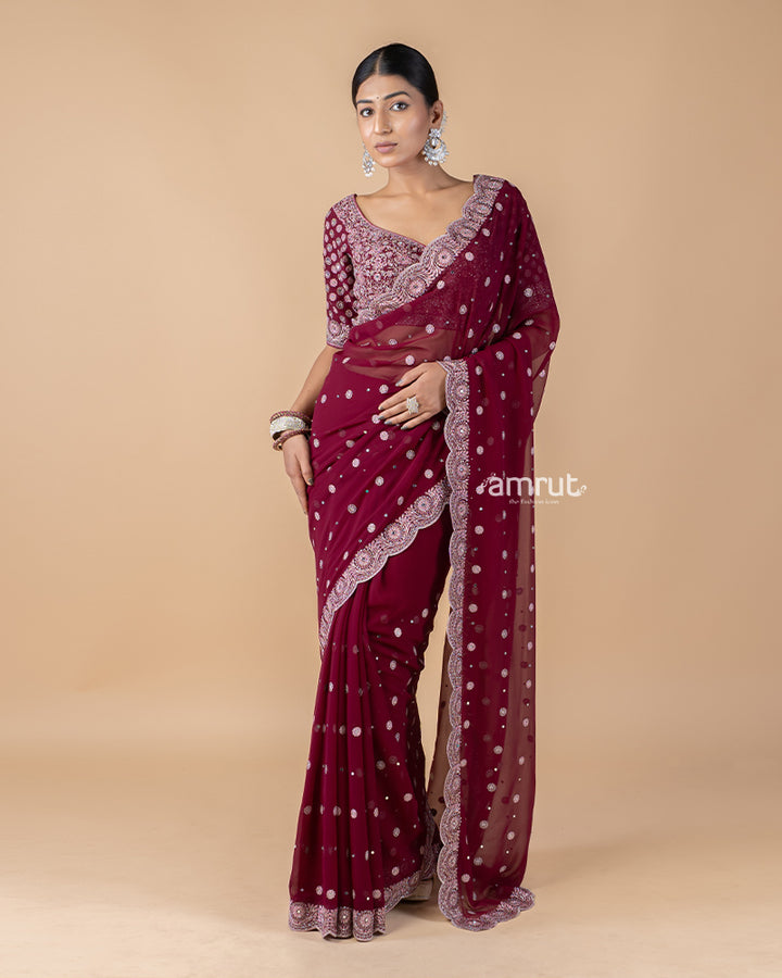 Maroon Hand Embroidered Georgette Saree With Stitched Blouse